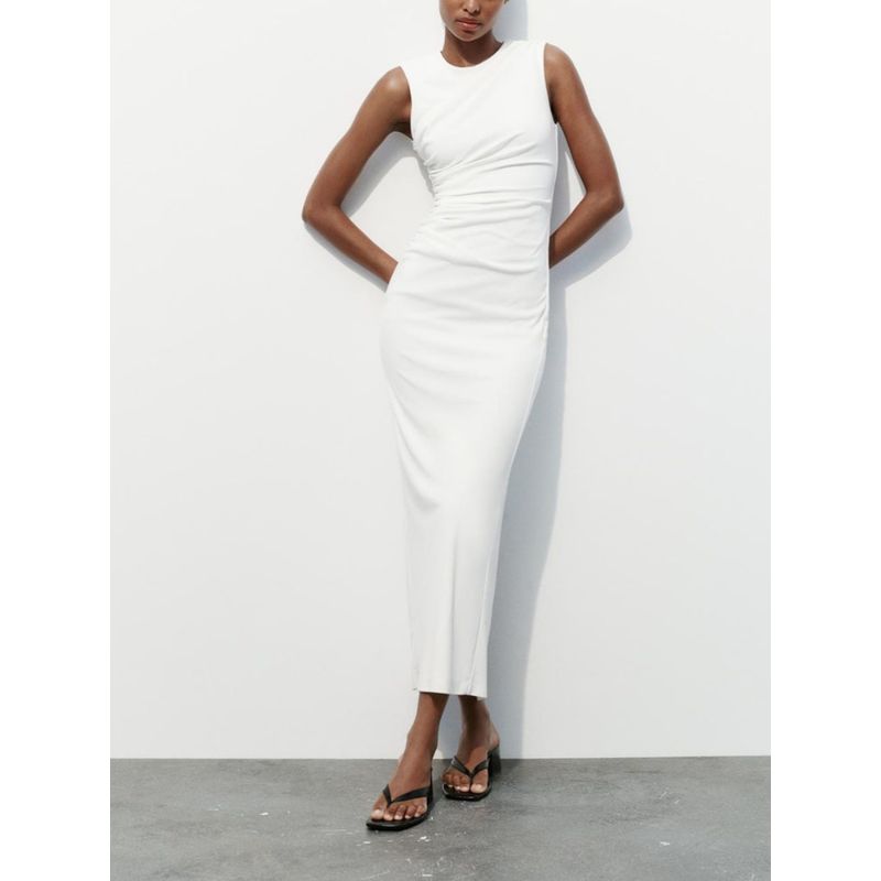 Za2024 Summer New Product Women's Clothes Silm Round Neck Sleeveless Ruched Decoration Midi Skirt Dress 3152320 250
