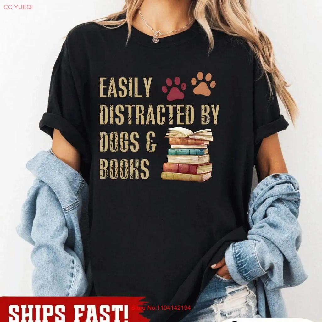 Easily Distracted By Dogs And Books T Shirt Book Lover Funny Dog Vintage Washed Graphic Top For Everyday Wear Streetwear