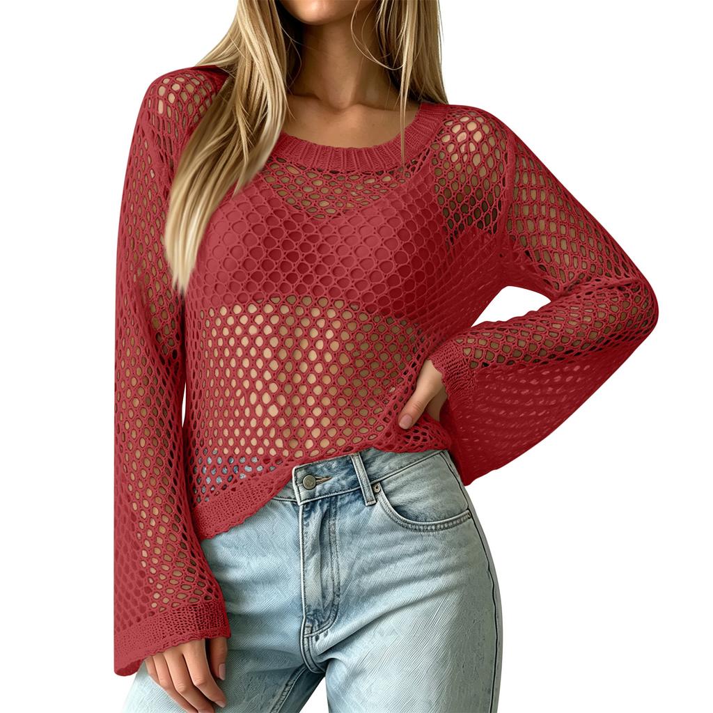 Women Casual Crochet Hollow Out Sweater Top Lightweight Knit Mesh Pullover Half Sleeve Beach Swim Cover Up Blouse