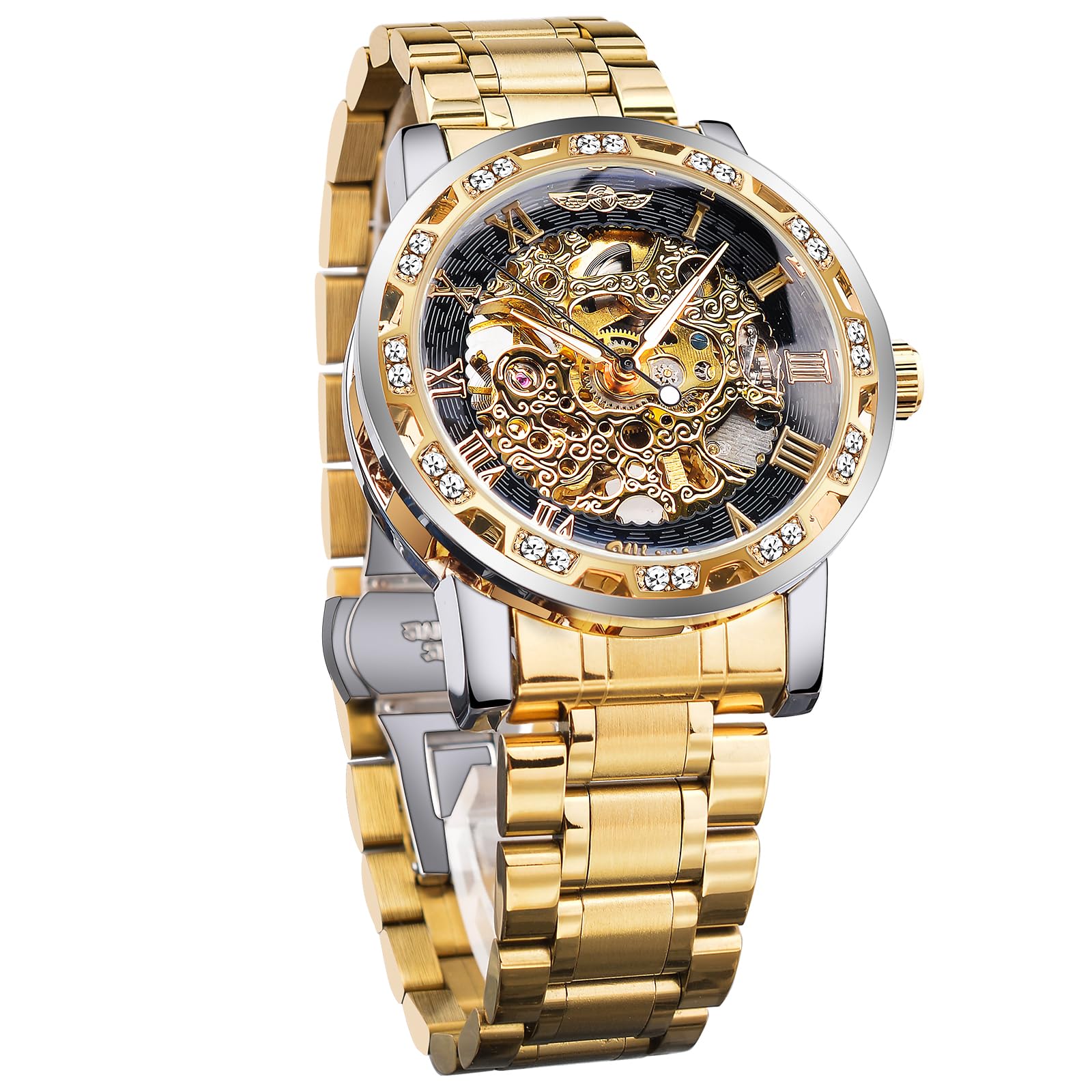 Forsining Retro Steampunk Skeleton Automatic Diamond Royal Carving Men s Watch Gold Classic Mechanical Wristwatch Neutral Clock