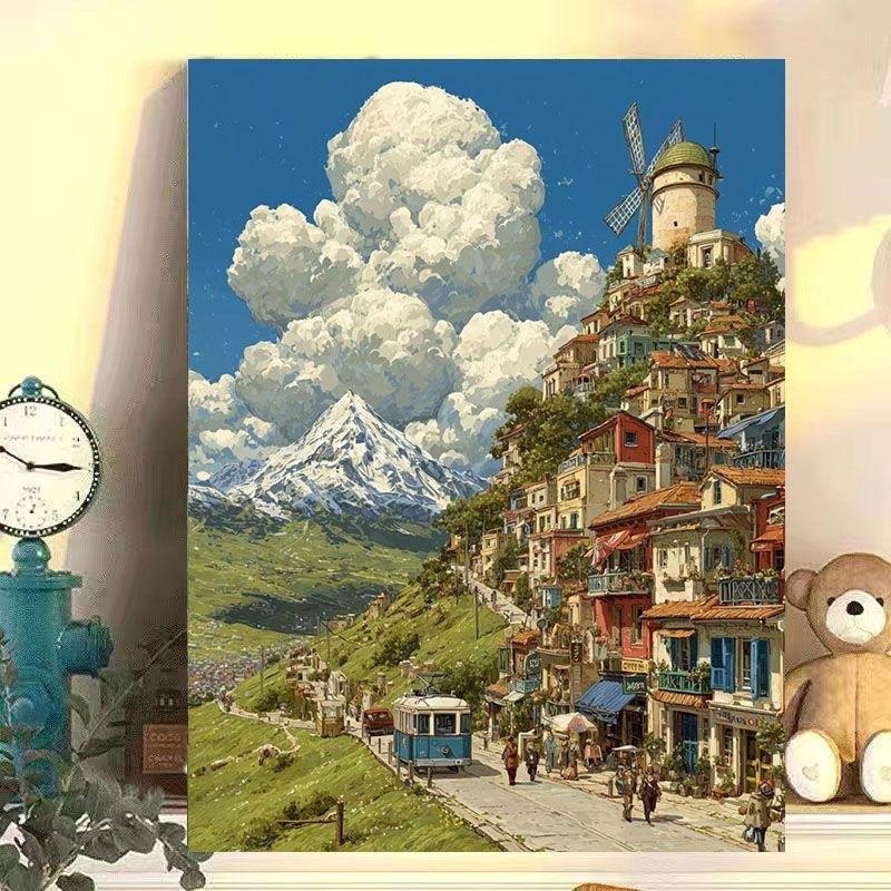 Diy Digital Oil Painting Hayao Miyazaki Style Town Series Hand-Filled Coloring Oil Painting Decompression Cure Decorative Hanging Painting