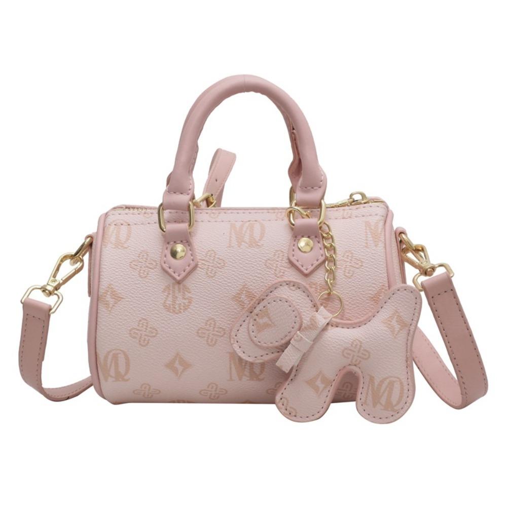 Portable PU Print Crossbody Bag Square Shape Solid Color Fashion Shoulder Bag with Pendnat Tote Bag