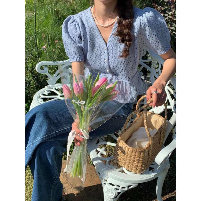 Korean Style Slimming Pearl Button Cutout Bubble Sleeve Knit Top