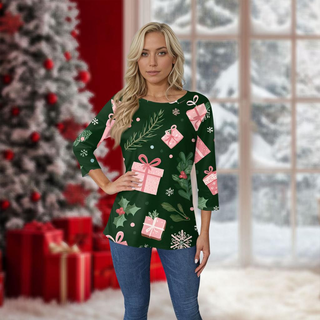 Women's O-Neck 3/4 Sleeve Christmas Print Top