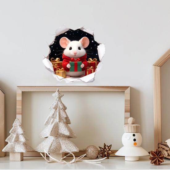 Christmas Party Wall Decor 3D Hole Illusion Mouse Sticker, Peel And Stick Waterproof PVC Creative Gifts for Friends Decal Window Glass, Festive