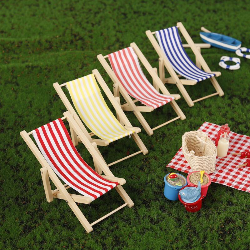 1Pcs 1:12 Dollhouse Miniature Beach Chair Toy Striped Plastic Diy Foldable Deckchair For Dolls Decor
