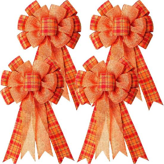 Large Fall Thanksgiving Wreath Gift Bow Orange Buffalo Plaid Check Wreath Swag Bow Wreath Pre-Tied Bow for Fall Thanksgiving Christmas Home Indoor