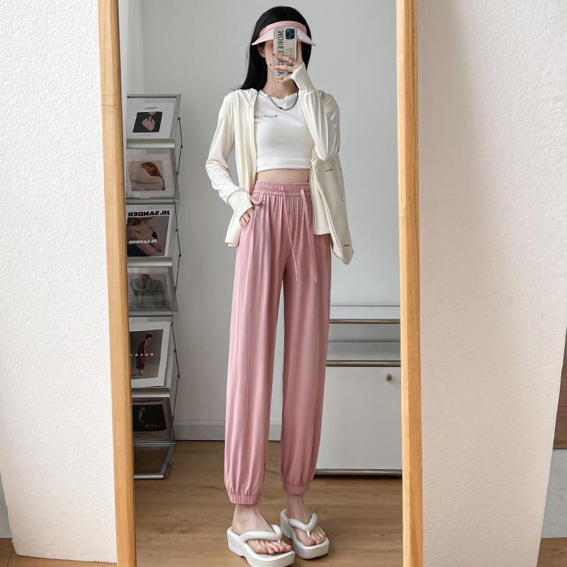 

Sweatpants gray ice silk women s summer thin loose leggings sweatpants mosquito-proof small cool quick-drying sunscreen pants 3XL- (recommended 156-85 kg) розовый