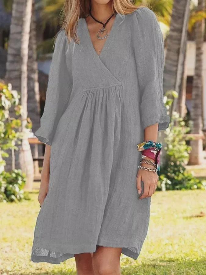 2022 Women's Cotton-Linen V-Neck Mid-Length Dress with 3/4 Sleeves - European & American Style for Autumn