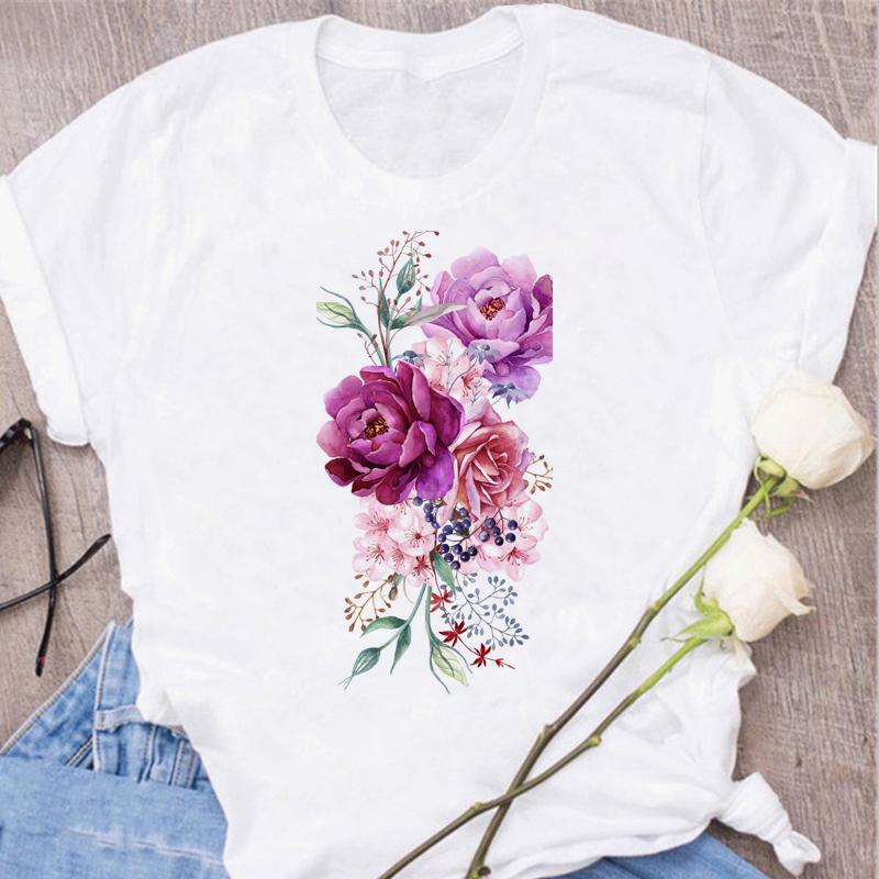 Women's Tops Fashion Flower Floral Print Lady T-shirt Casual Short Sleeve Aesthetic Clothes Shirt T-shirts Female Tops Tees