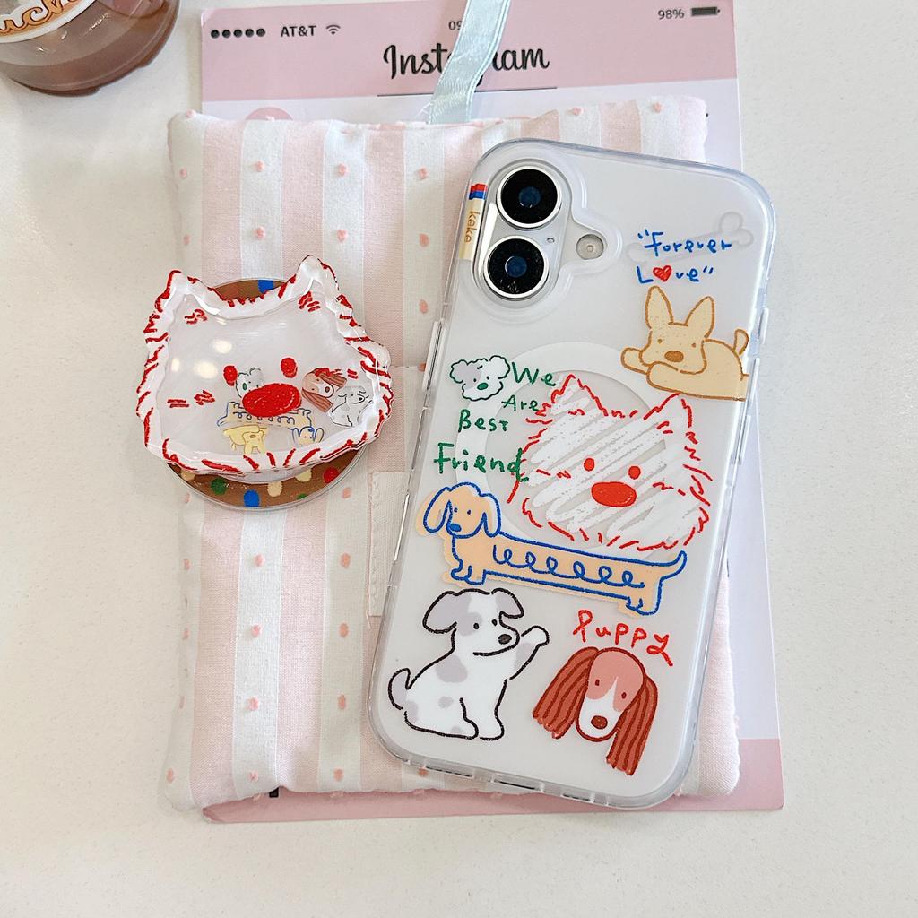 Cute Cartoon Graffiti Puppy Phone Case with Stand for iPhone 16/17 Pro Max