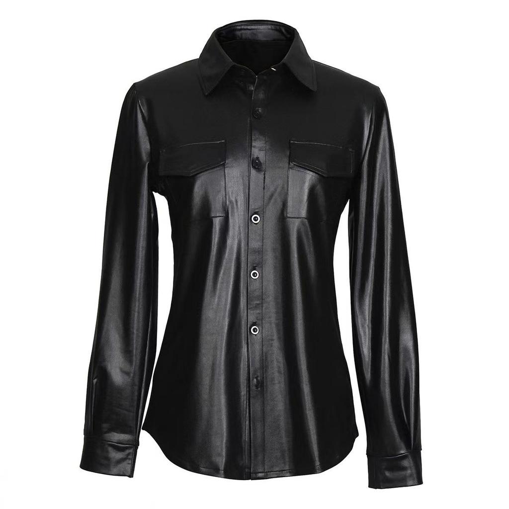 Women's Casual Long-Sleeve Faux PU Leather Jacket with Chest Pocket