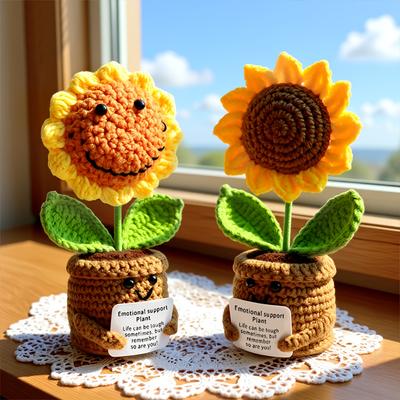 One Handcrafted Crochet Sunflower Ornament, a Positive Energy Woven Flower and Plant Potted Product, a Birthday Gift