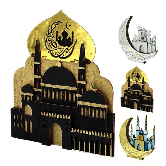 Ramadan Table Decoration Wooden Crescent Moon Star Eid Mubarak Ornament LED Light Up Ramadan Kareem Mosque Sign for Islamic Home Decor