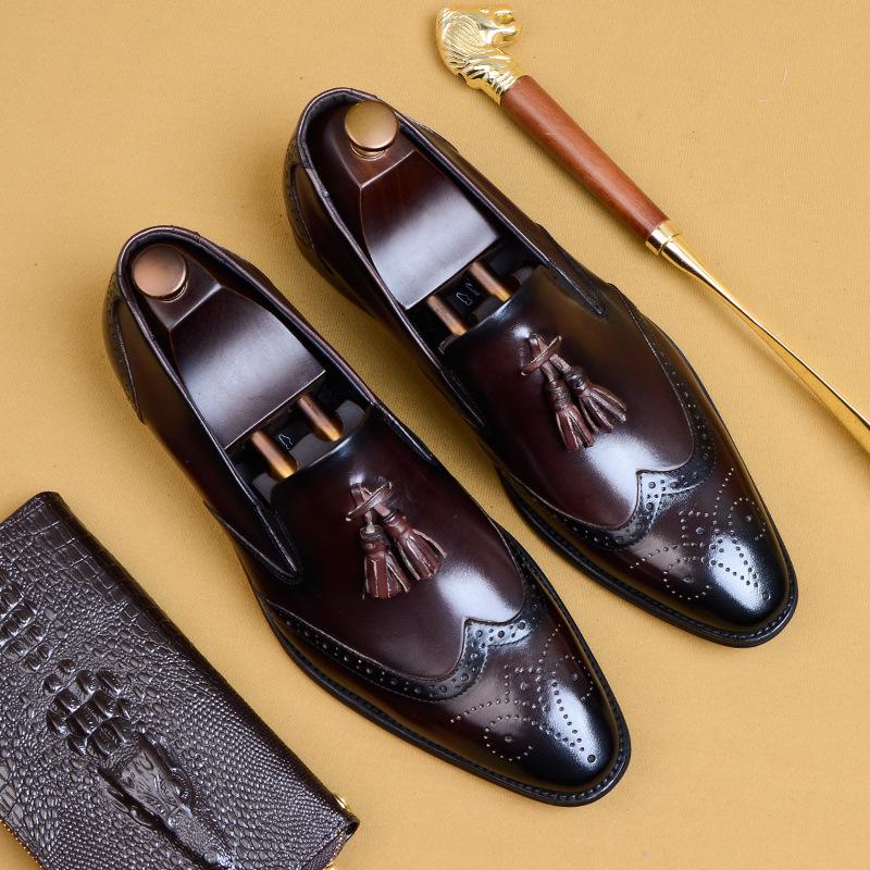 

Вырезанные вручную туфли Brock Tassel в стиле ретро с острым носком, деловые туфли, повседневные кожаные туфли, мужские туфли из натуральной кожи 42 темно-коричневого