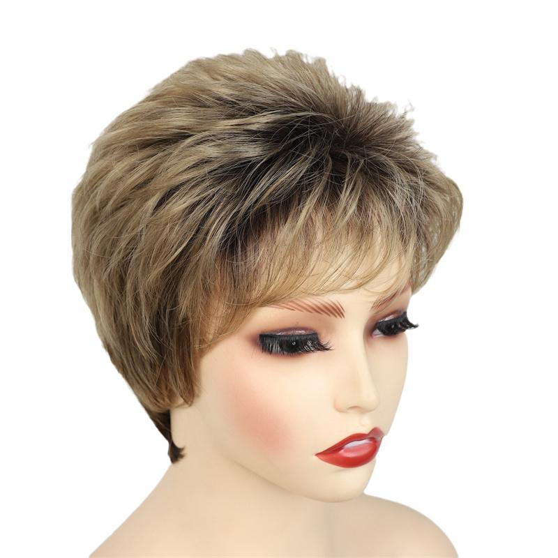 Synthetic Ombre Blonde Wigs for Women Short Hair Mom Wig with Bangs Brown Mixed Blond Pixie Cut Wigs Mother Grandma Gift Costume