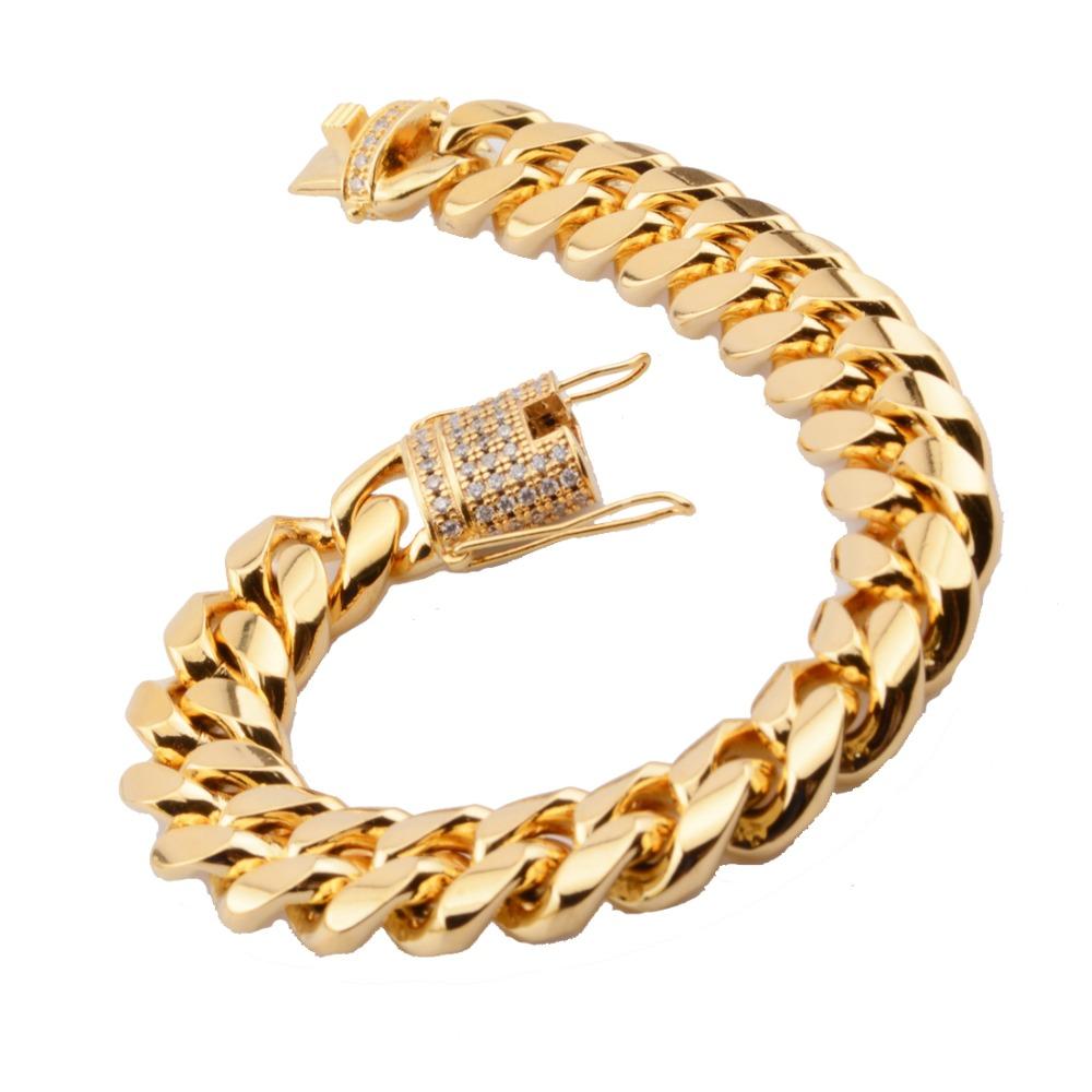 14mm Men's Bracelet White Crystal Buckle Gold Tone  Stainless Steel Curb Miami Chain Bracelet Fashion Jewelry