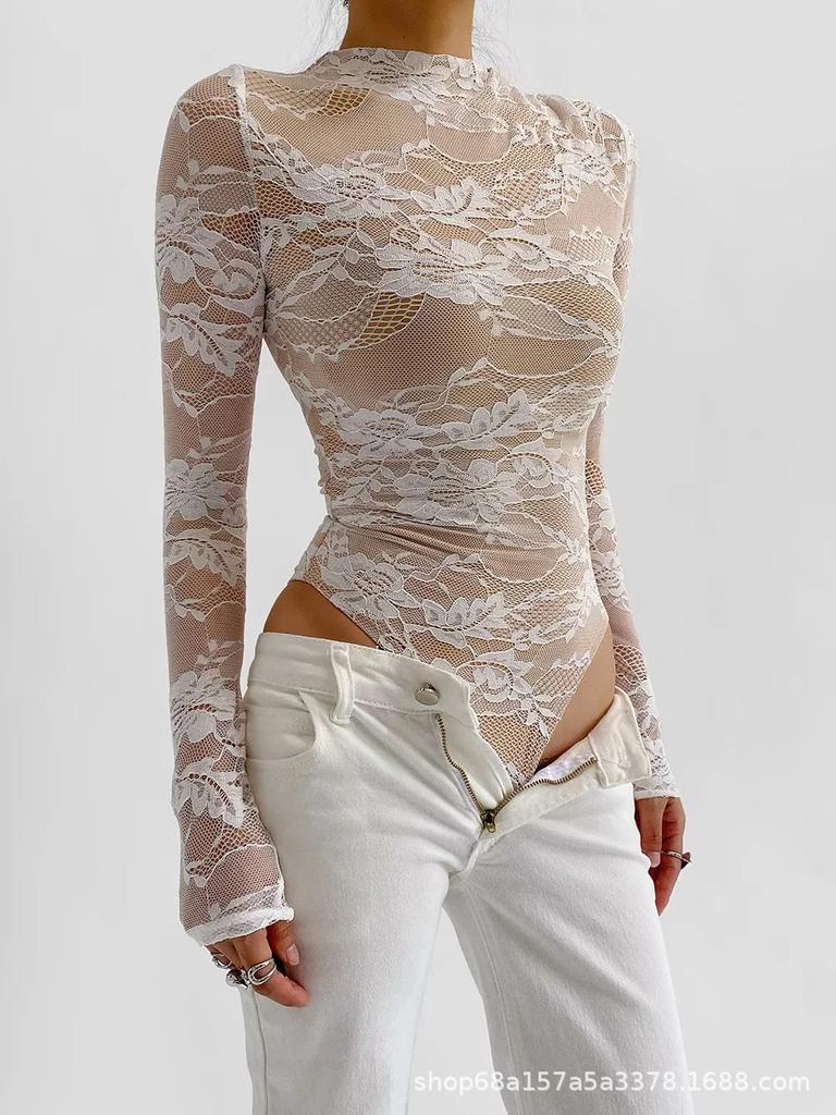 Trendy European & American Style Slim-Fit Lace Patchwork Long-Sleeve Jumpsuit