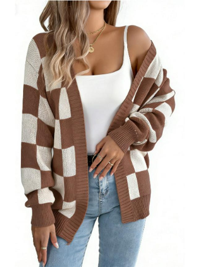2025 Autumn/Winter New European & American Plaid Knit Oversized Women's Cardigan Sweater