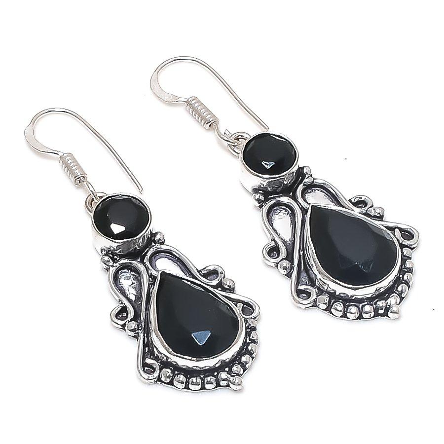 Natural Black Spinel Gemstone Handmade 925 Sterling Silver Earring 1.97" a3c62