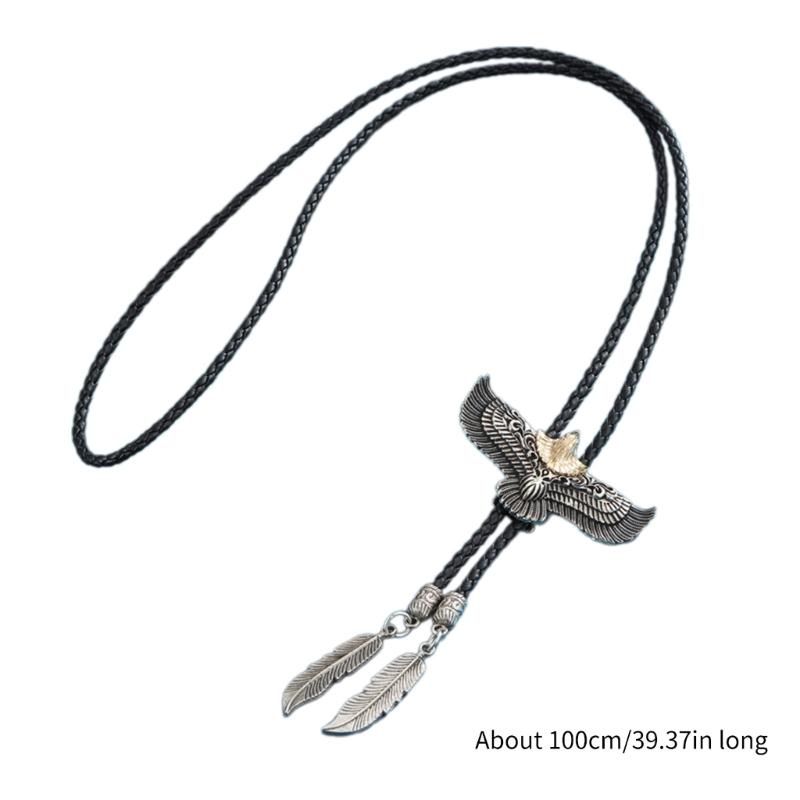 Mens Women Bolo Tie Cowboy Necktie Leather Rope Necklace with Metal Flying Eagle Feathered Pendant Jewelry Shirt Chain