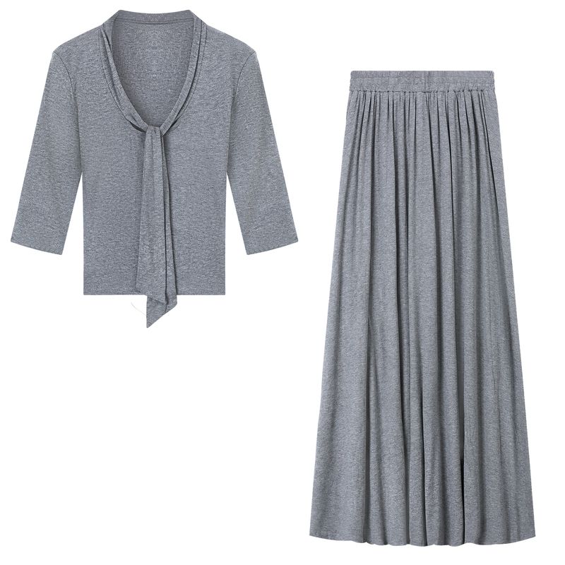

Kumikumi Fashion Suit Lace-up Graceful Half Sleeve T-shirt Women s Autumn High Waist Slim Looking Long Skirt Two-piece Set Gray One size