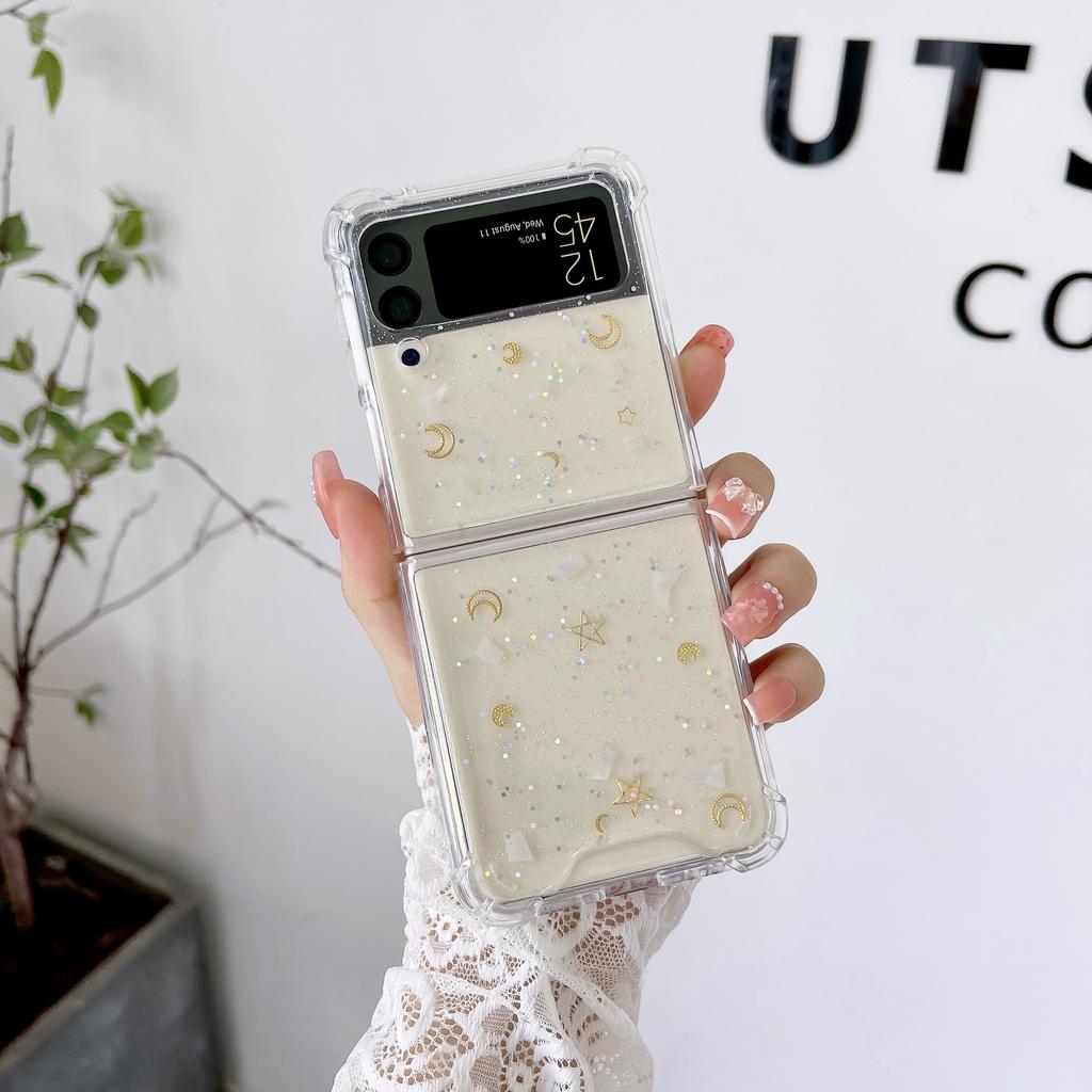 For Samsung Z Flip 3 Case Moon Star Sequin Clear Folding Phone Case For Galaxy Z Flip 4 Zflip3 5g Shockproof Hard Pc Back Cover