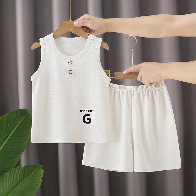Boys' Casual Summer Waffle Vest and Shorts Set In Light Neutral Tone