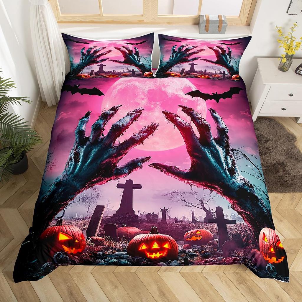 Halloween Bedding Set Full, Pumpkin Lantern Duvet Cover Castle Bat Pattern Comforter Cover, Cartoon Horror Festival Quilt Cover