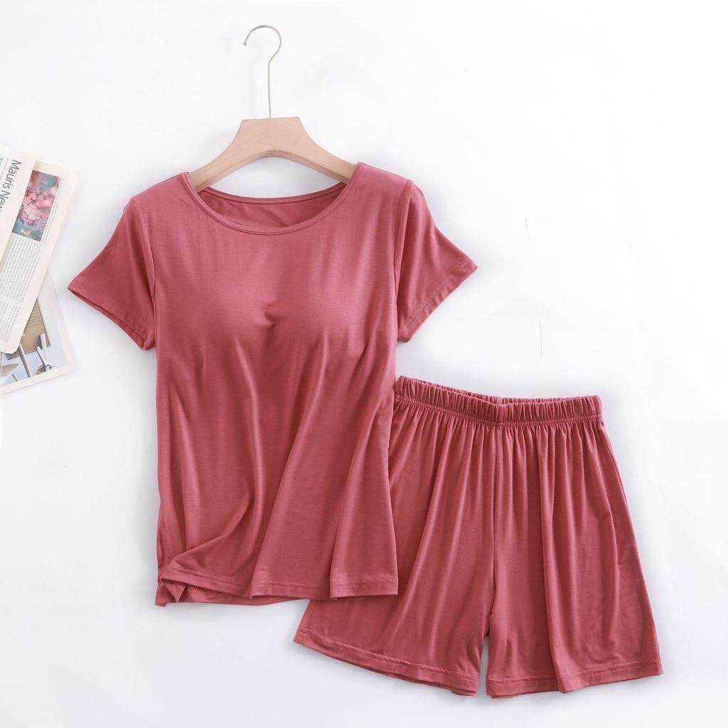 Modální dámský pyžamový set s krátkým rukávem a vestavěnou podprsenkou, nadměrná velikost, bezdrátový, volný střih topu s polovičním rukávem a šortky pro domácí nošení