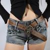 Vintage Carved Buckle Pu Wide Belts Boho Brown Embossed Waistband Western Jeans Pants Belt