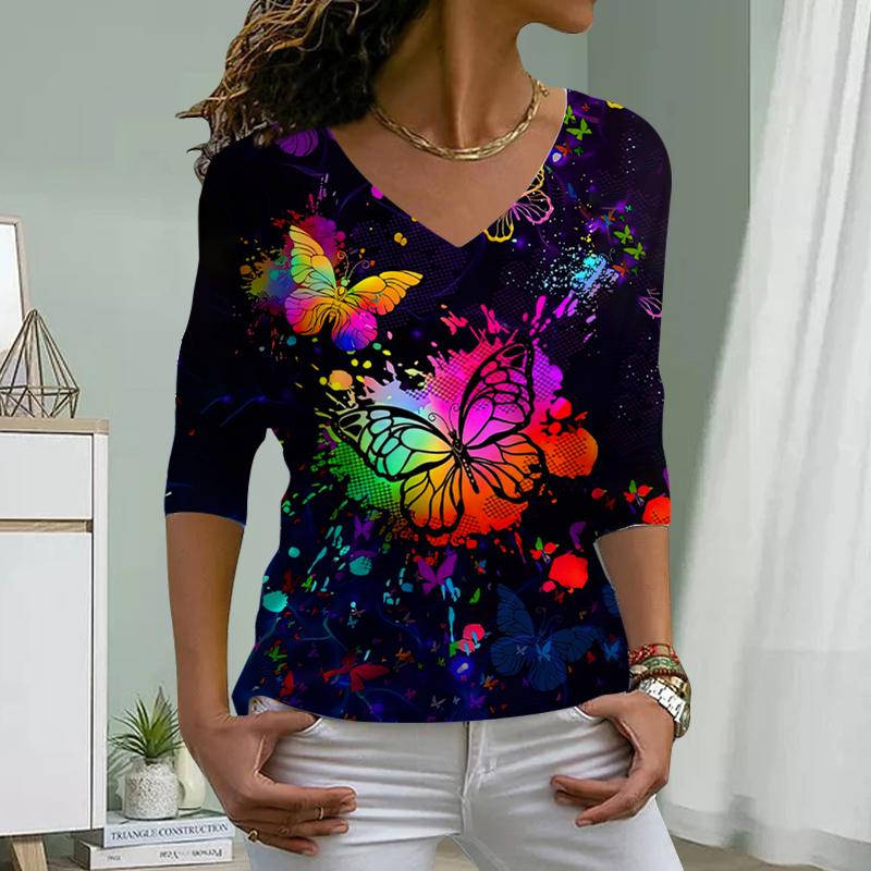 Pink Butterfly Print Women Tshirts Ladies Tops Long Sleeve V-neck Pullover Femme T-shirts T Shirt For Women