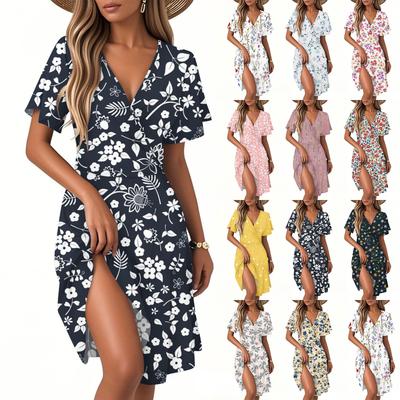 Damen Casual Fashion Kleid Vintage Floral Floral Kurzarm V-Ausschnitt Kleid