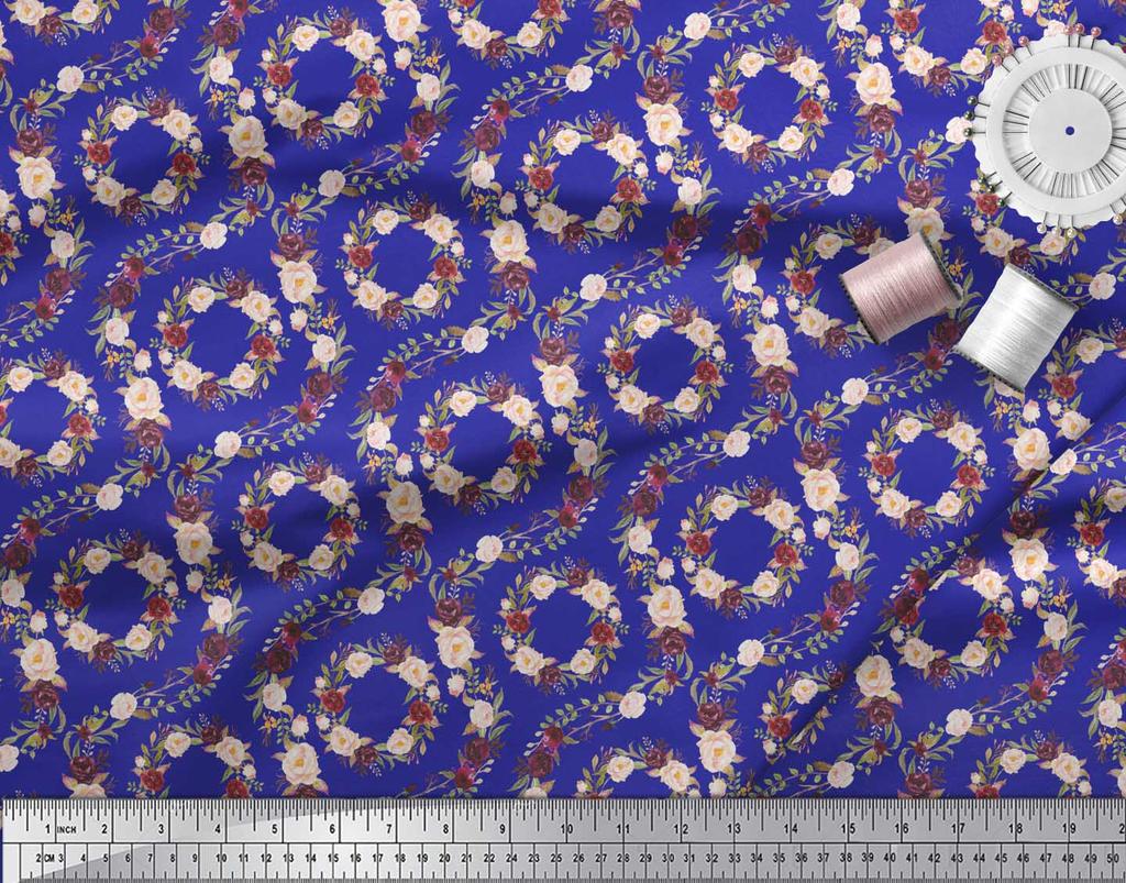 Soimoi Modrá poly krepová látka damaškový květinový potisk látka na metr 42 palců