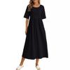 Plus-size Loose Cotton Linen Round Neck Pocket Five-quarter Sleeve Mid-length Dress