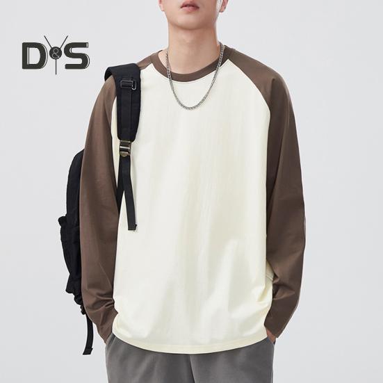 Men Spring Autumn T-shirt Color Matching Loose Round Neck Long Sleeves Pullover Top Casual School Sport Clothes