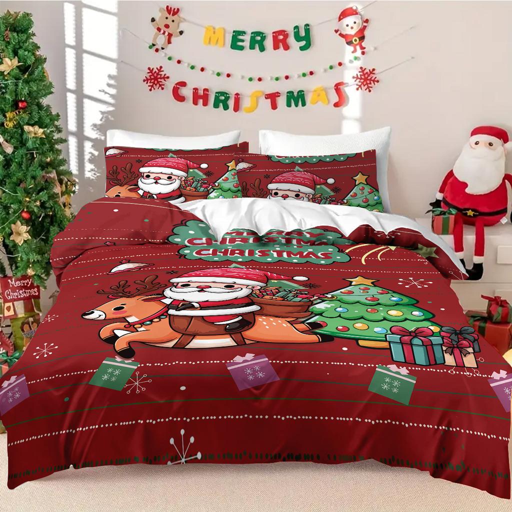 3-teiliges Bettbezug-Set ohne Chips mit Cartoon-Weihnachtsmann-Druck, Mehrere Größen für Schlafsaal-Schlafzimmer, Weich und bequem, Maschinenwaschbar