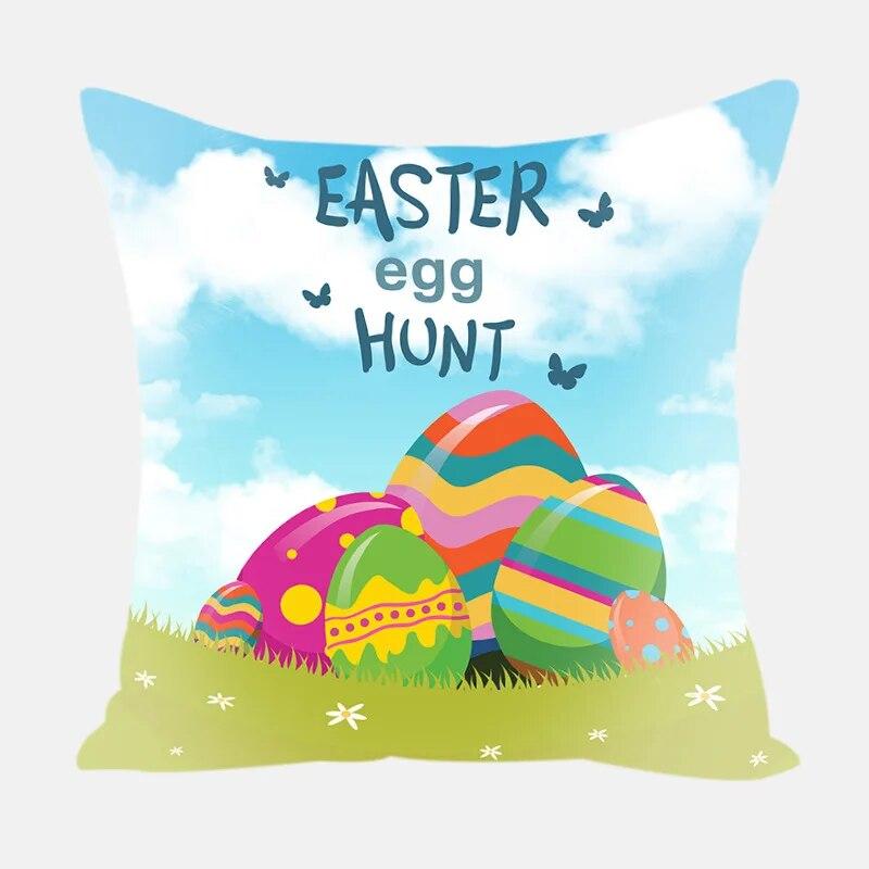 Home Decoration Easter Pillowcase Rabbit Egg Print Pillowcase Living Room Sofa Cushion Cover Bedroom Bedside Pillowcase 45x45cm