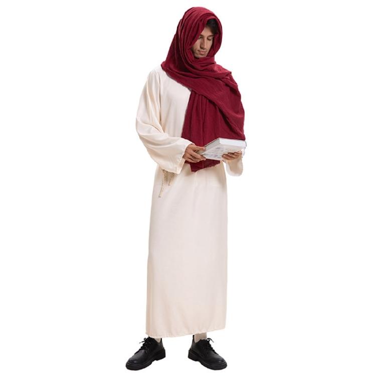 Men's Muslims Dress Caftan Robe Long Sleeve Stand Collar Jubba Thobe Man Leisure Dress Thobe with Arab Head Scarf Rope