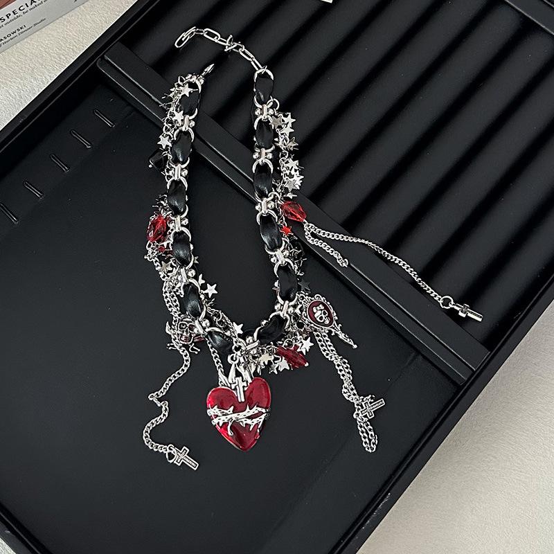 Tooxika New Niche Unique Personality Multi-element Cardinal Heart Cross Tassel Necklace Dark Wind Spicy Girl Collarbone Chain