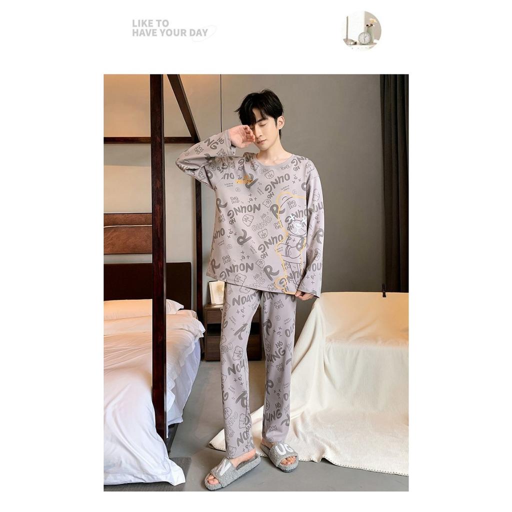 Pajamas Spring and Autumn Men's New Long Sleeve Outable Home Clothes Simple and Casual Large Set