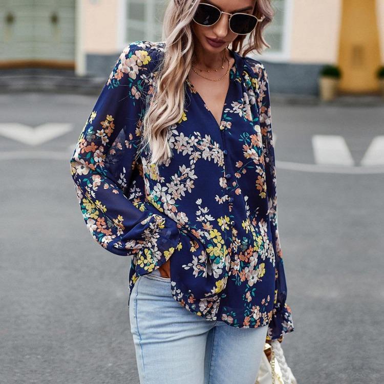 Elegant Women Autumn Floral Blouse Button Tops Shirt V Neck Lantern Sleeve