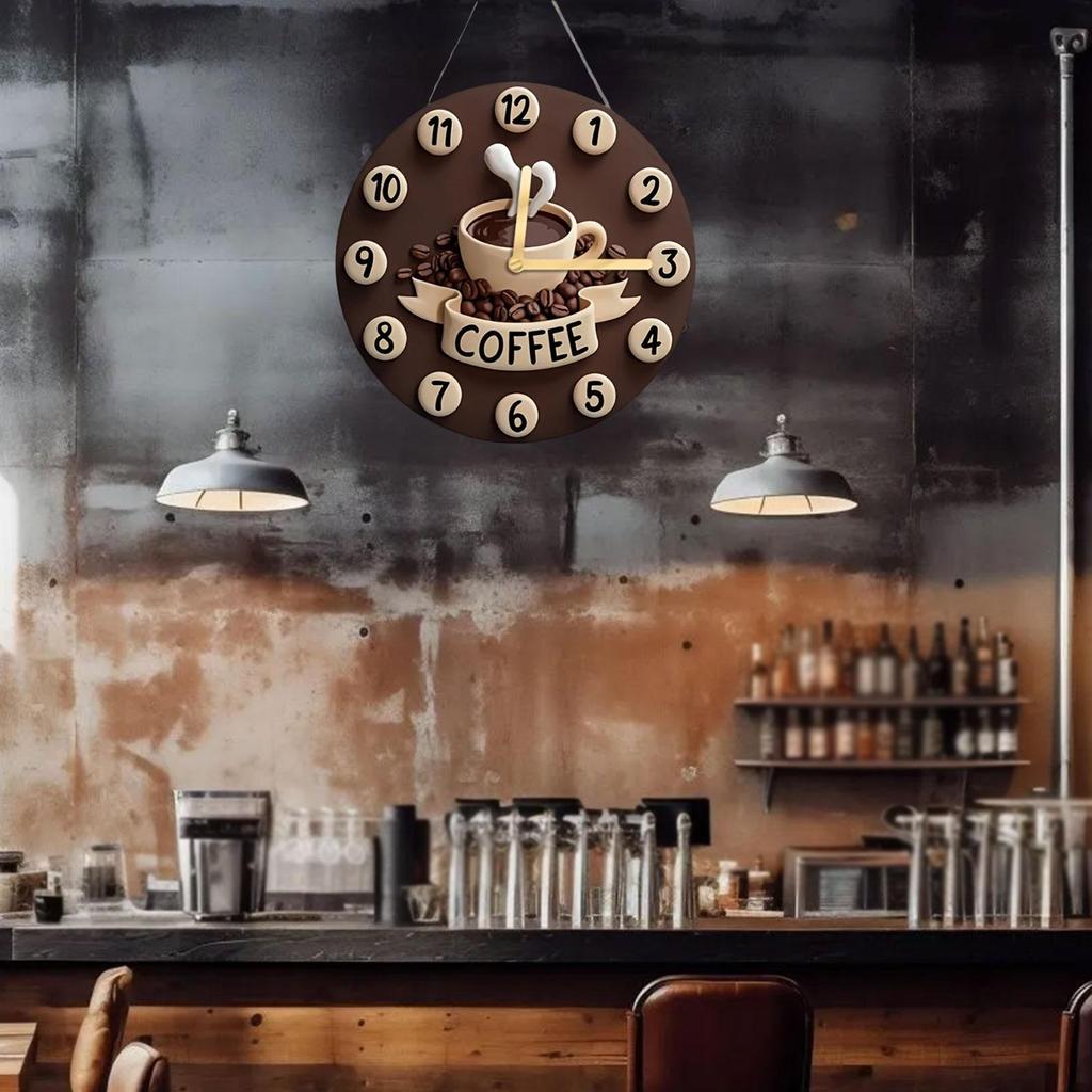 Coffee Cup Clock Hanging Ornament, Decorative, 2D Home Decor, Craft Round, Wall Decoration Wooden