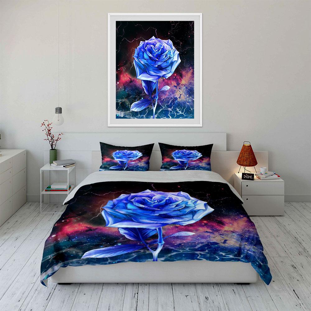 Blue Rose with Galaxy Art Bedding Duvet Cover Set Duvet Cover Pillowcases (1*Duvet Cover 2*Pillowcases, without duvet insert)