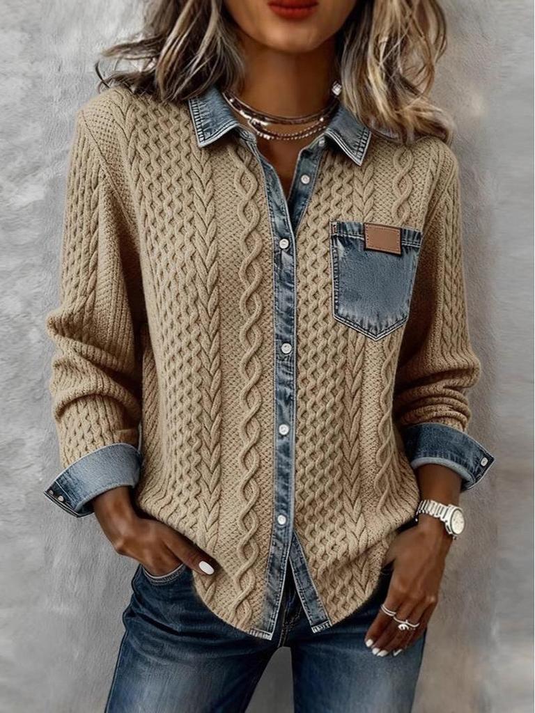 2025 European Style Women's Knit Patchwork Denim Cardigan - Versatile Long Sleeve for Autumn/Winter Fashion.