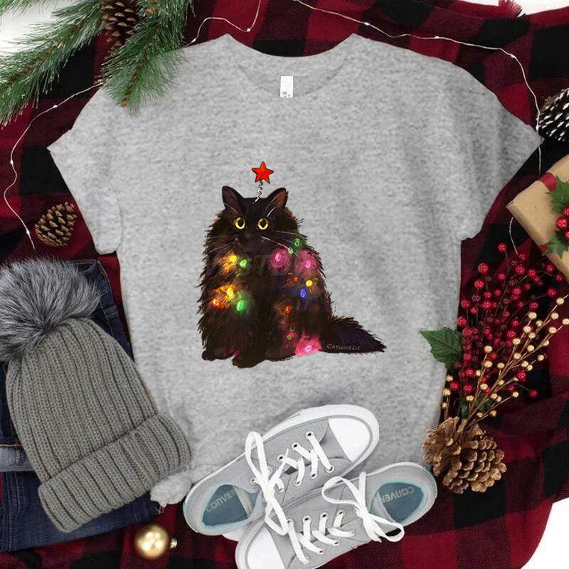 Women Tshirts Christmas Lights Cat Kawaii Cartoon Tops Tees Cute Animal Lover Funny T Shirts Girl Black Cat Fashion Casual Tops