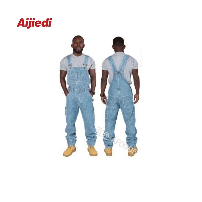 Men's Cross-border Denim Jumpsuit with Multiple Pockets - Dark Blue/Light Blue Workwear Overalls