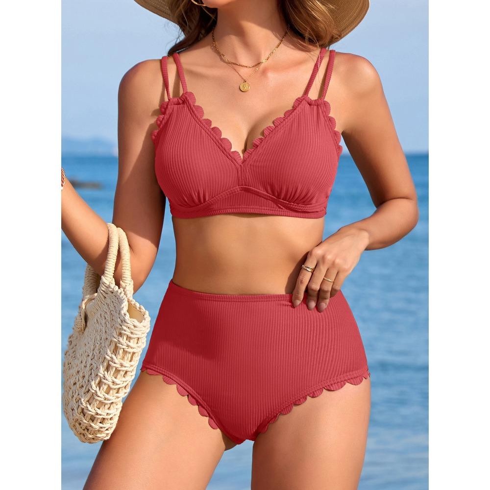 CHARMLEAKS Damskie bikini z falbanką, żebrowane, dwuczęściowe, kostiumy kąpielowe z dekoltem w serek i wysokim stanem