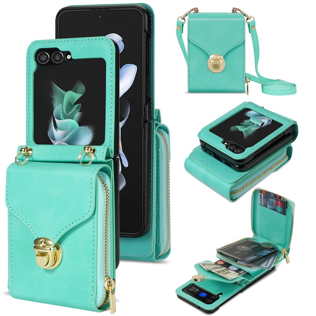 Crossbody Geldbörse Lanyard Ledertasche für Samsung Galaxy Z Flip 5 4 3 5G Flip4 Flip5 Reißverschlusstasche Brieftasche Karten Solt Pocket Cover