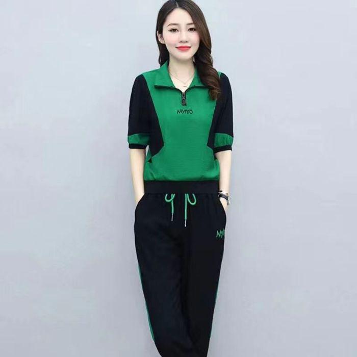 2025 Summer Women's Loose Running Suit - Short Sleeve Stand-up Collar Two-Piece Set